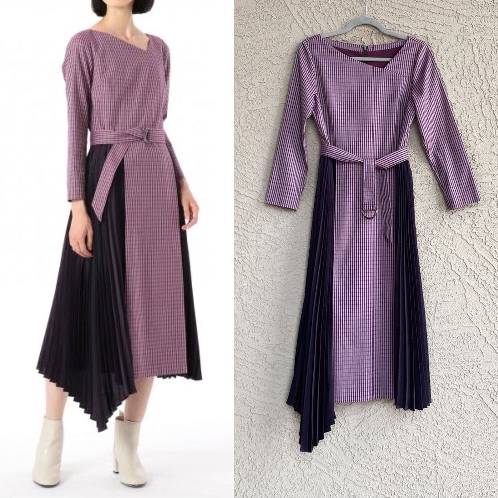 DIAGRAM Japan Purple Checkered Plaid Pleated Mixed Media Asymmetrical Midi Dress